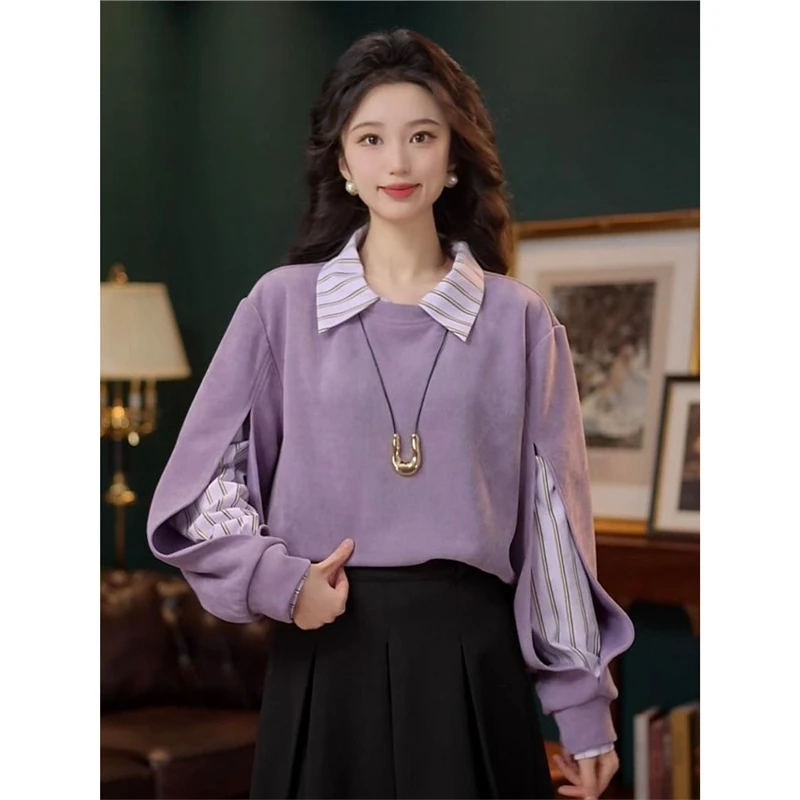 港风复古拼接假两件紫色卫衣女款2025新款爆款设计感宽松百搭上衣