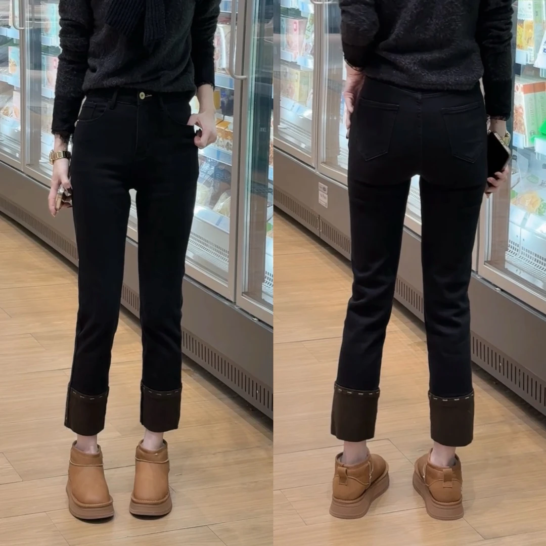 2024冬季新款高腰撞色拼接时尚加绒牛仔裤8812#