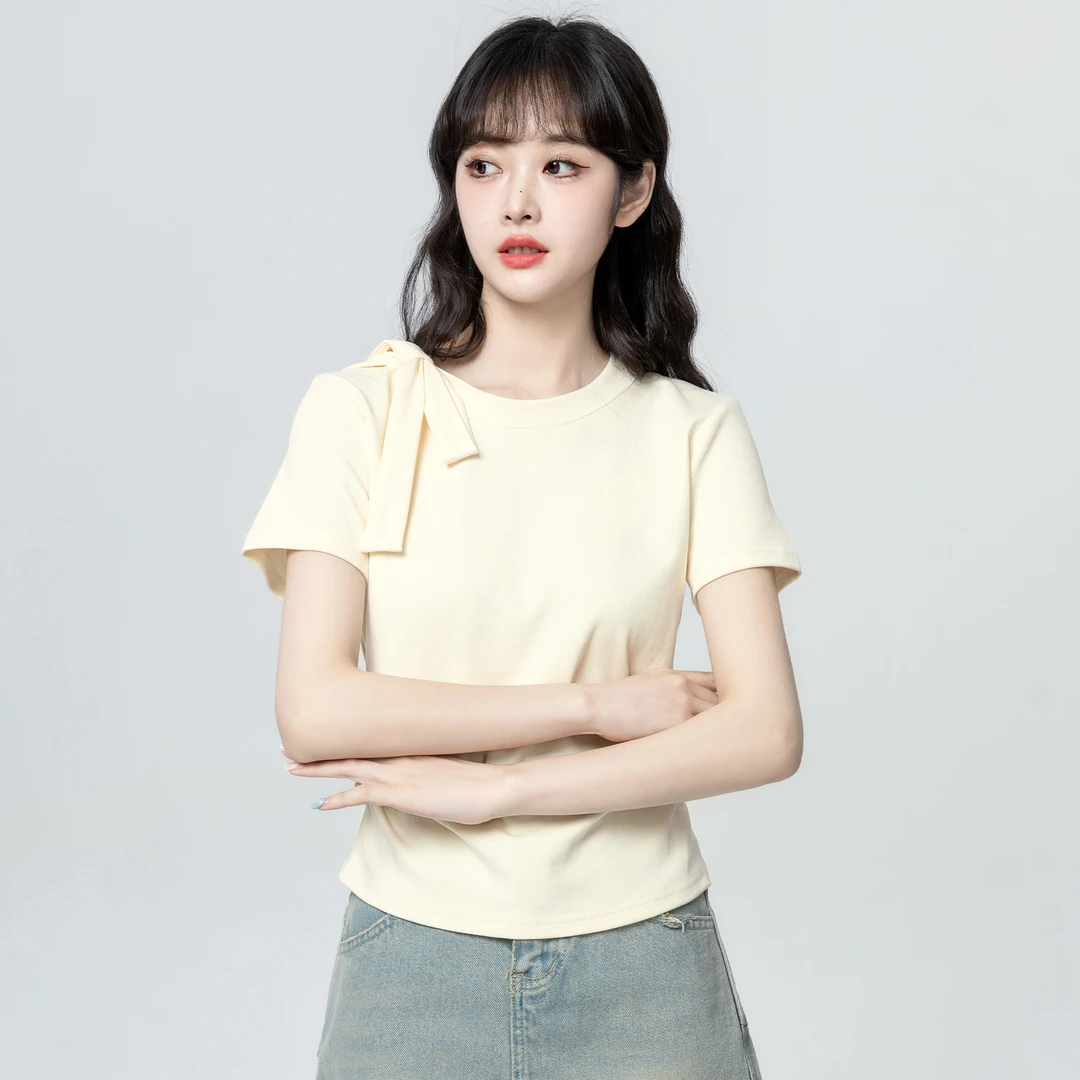 奶杏色蝴蝶结系带短袖T恤女夏2025夏季新款圆领正肩体恤短款上衣