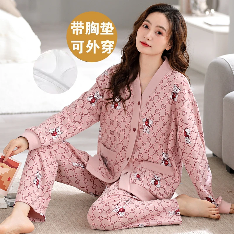 春秋季睡衣女士长袖长裤带胸垫和服2025秋季新款可外穿家居服套装