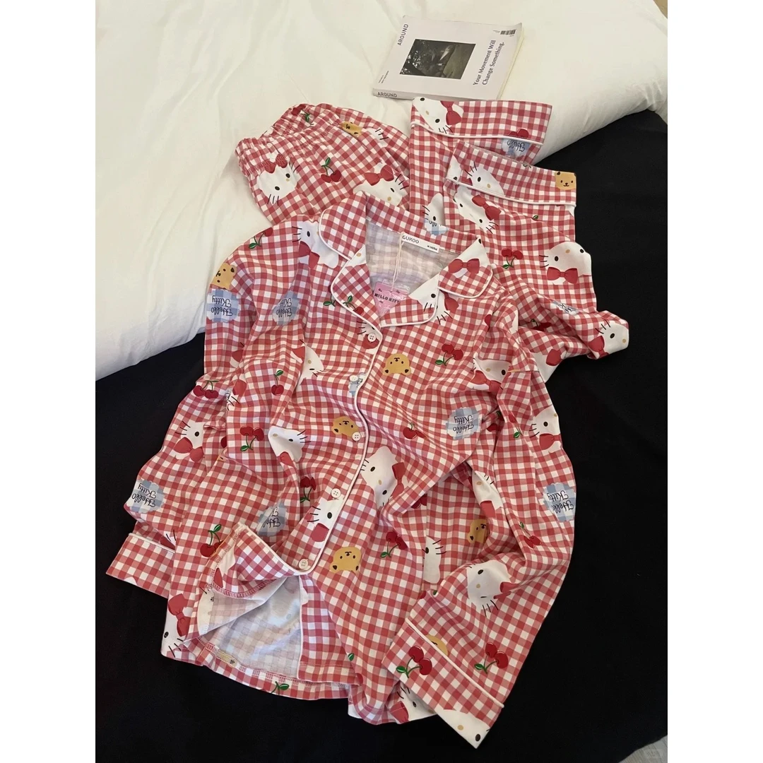 少女可爱卡通红格子kitty猫长袖睡衣女秋季新款套装可外穿家居服