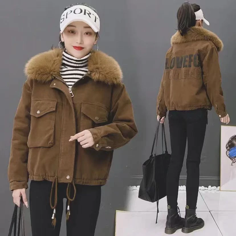 大毛领加绒牛仔派克棉服外套2535# 衣长63