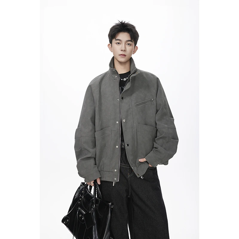 林社长2025秋装新款水洗皮宽松翻领皮夹克外套情侣装