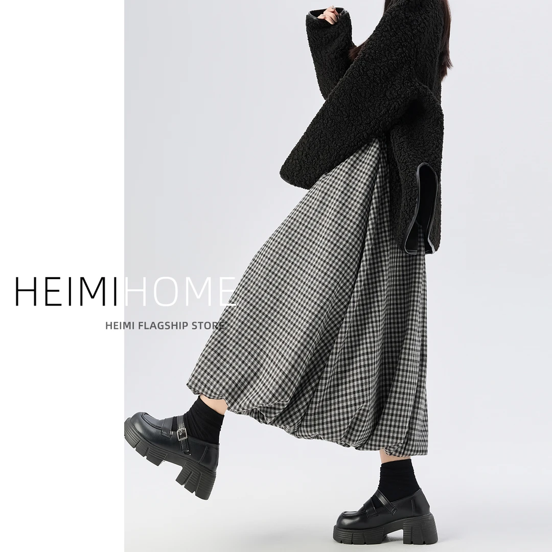 韩系复古格子花苞裙女秋冬季高腰a字灯笼裙中长款宽松格纹蓬蓬裙