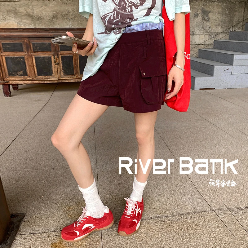 河岸家设计师AndAnything假两件腰头拼接工装暗红短裤女25夏
