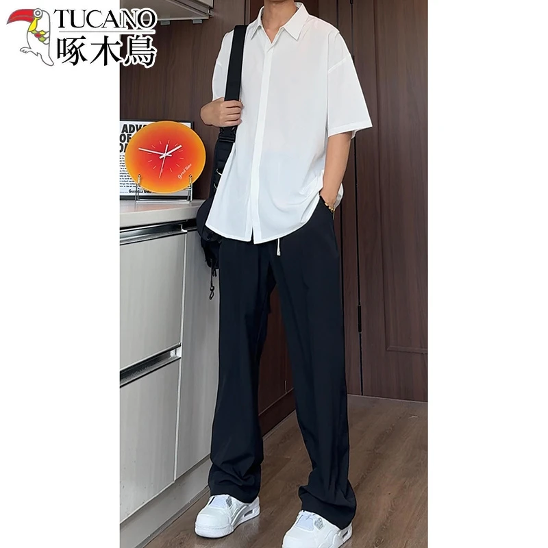 啄木鸟套装纯色黑色冰丝凉感衬衫休闲西裤两件套男潮大码短袖白衬