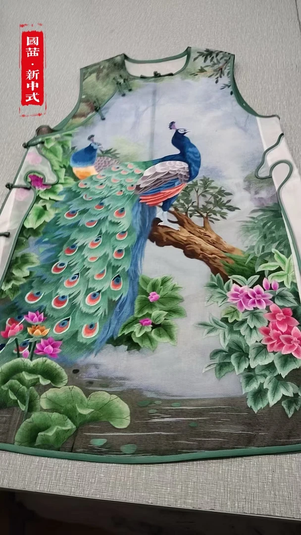 手绣苏绣真丝薄纱孔雀无袖旗袍不透（送内搭）