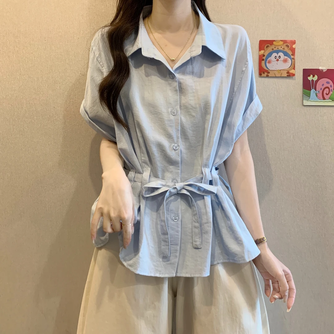 微胖mm漂亮蓝色短袖衬衫女装2025夏季大码显瘦收腰遮肚巨好看上衣