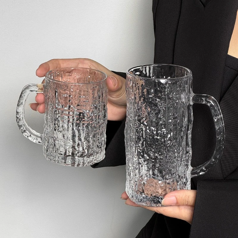 ins创意家用带把手玻璃杯简约清新树纹喝水杯啤酒杯果汁杯咖啡杯