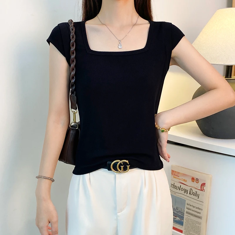 螺纹方领吊带背心女夏季修身飞飞袖短袖t恤设计打底衫百搭上衣潮