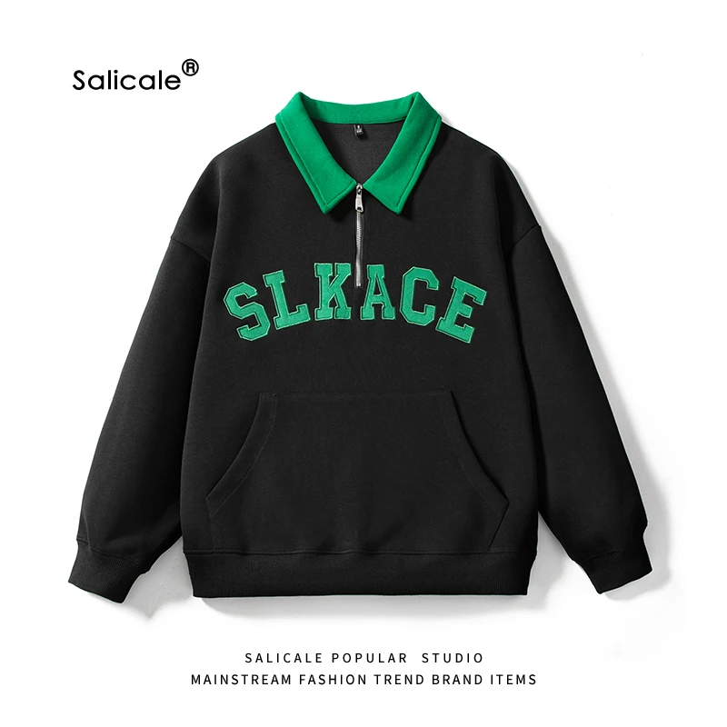 日系vintage复古刺绣字母半拉链长袖POLO衫男宽松潮牌上衣女百搭