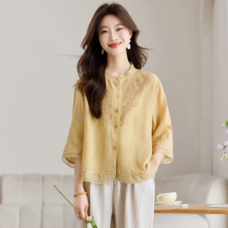 禅意气质款女装国风天丝爆款衬衫女2025年夏季新款新中式盘扣绣花