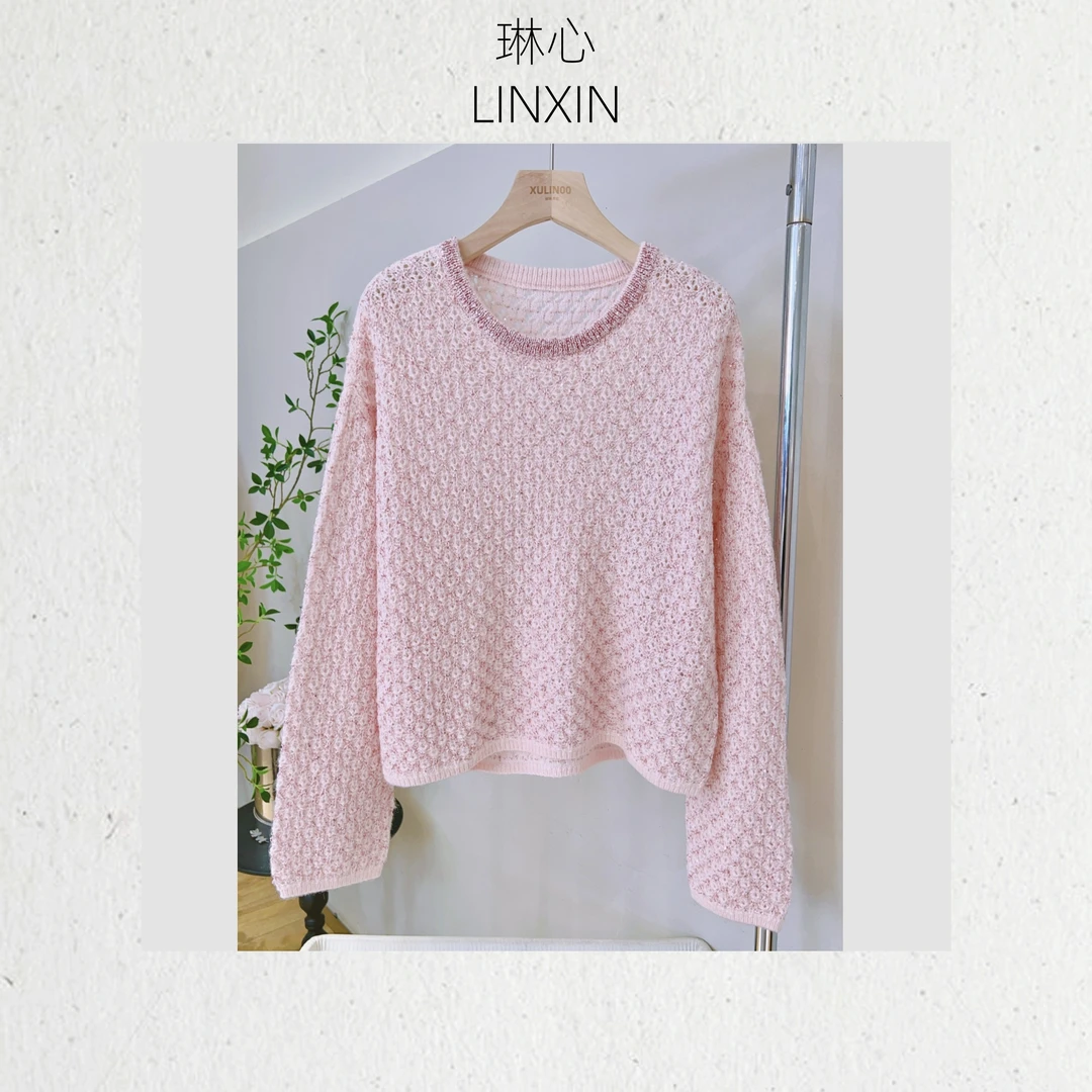 丨春季新款气质百搭宽松粉色针织套头衫 0768蕾丝长袖