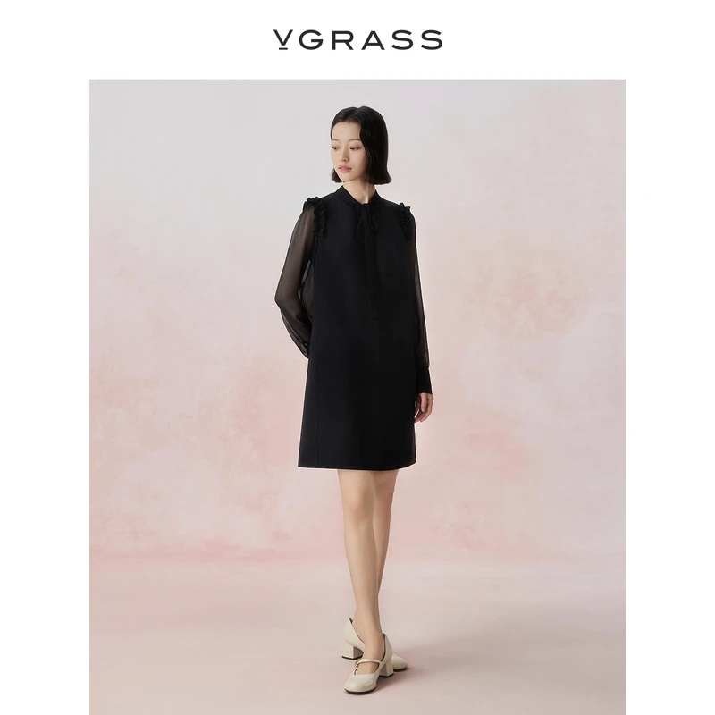 【羊羊专属】VGRASS立体波浪花边连衣裙秋季新款丝羊毛合身小黑裙