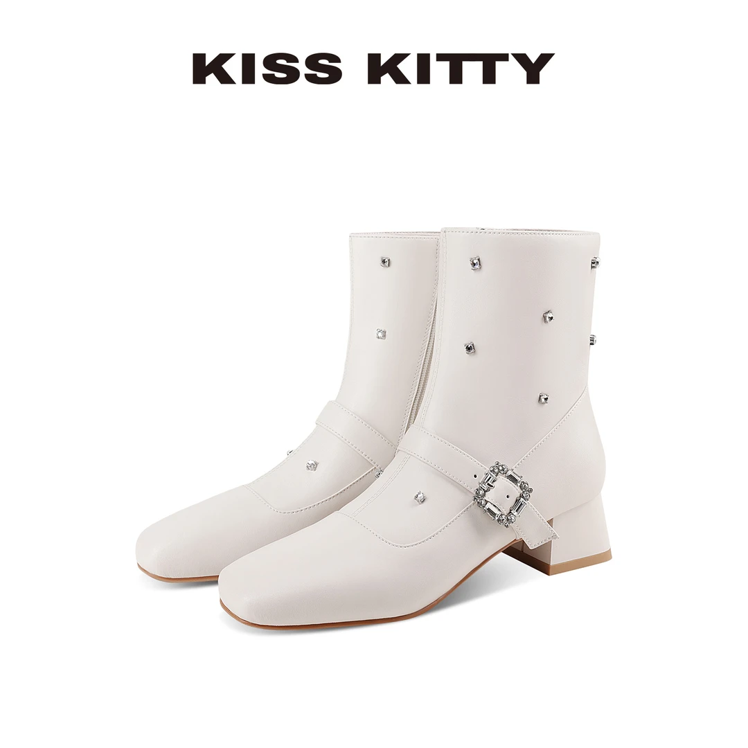 水钻玛丽珍靴高跟鞋秋冬25年新款短靴气质白色瘦瘦靴