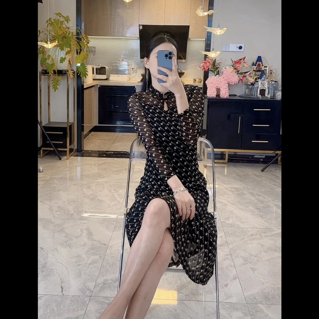 984【猪猪--孤品】气质黑色女装连衣裙名媛设计感收腰国风中式