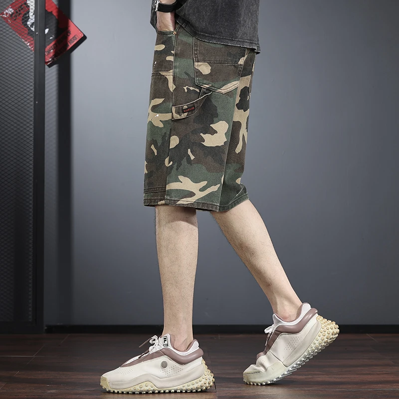 泼墨迷彩牛仔短裤男美式复古水洗五分裤高端重磅休闲工装伐木裤潮