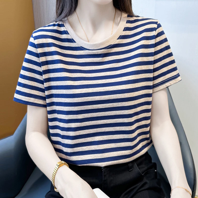 撞色减龄纯棉条纹短袖t恤女2025夏季新款正肩宽松遮肚体恤上衣潮