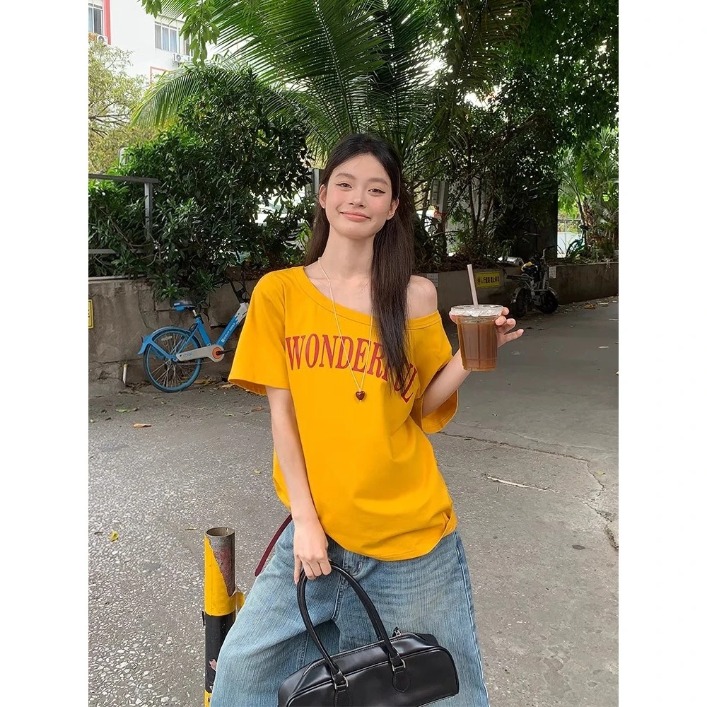 百搭斜肩打底ins短袖t恤短款显瘦女辣妹纯欲风宽松时尚洋气衣服女