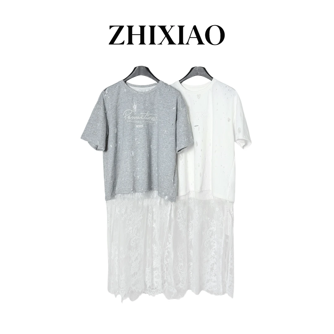 【ZHIXIAO】夏季新款：蕾丝拼接短袖T裙17851