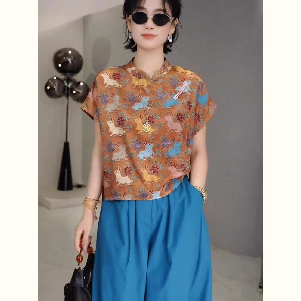 新中式国风盘扣提花短袖衬衫女2025夏季新款洋气衣服宽松显瘦上衣