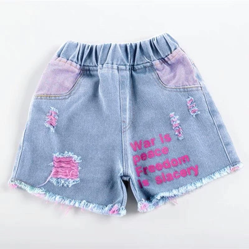 范哲萨女孩牛仔短裤2025新款洋气儿童高腰破洞中大童女童外穿宽热