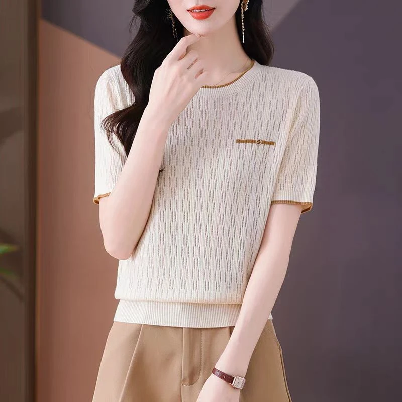 冰丝针织衫女t恤2025夏季新款中年妈妈洋气宽松百搭显瘦减龄上衣