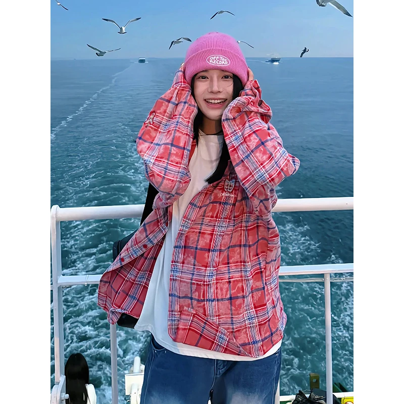 苹果刺绣红色格子长袖衬衫男女款秋季慵懒风格纹衬衣美式复古外套