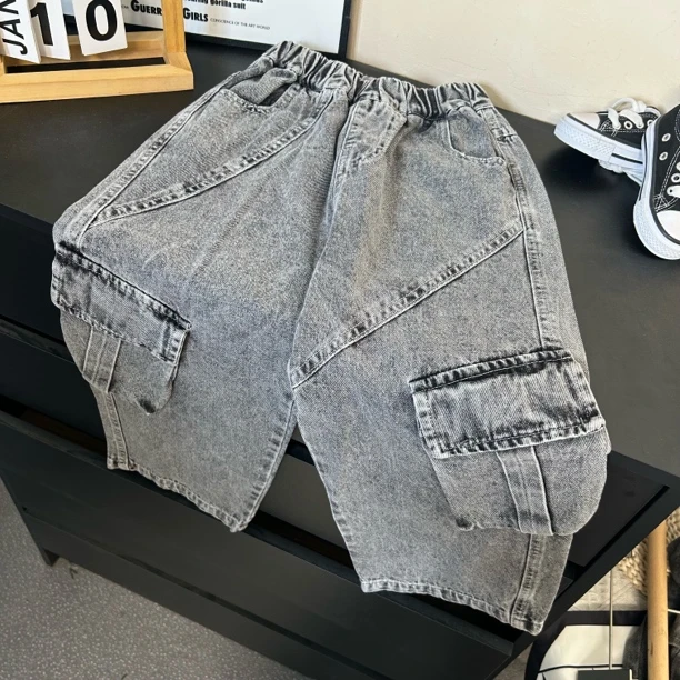 2387男女童复古灰牛仔裤工装裤春秋款