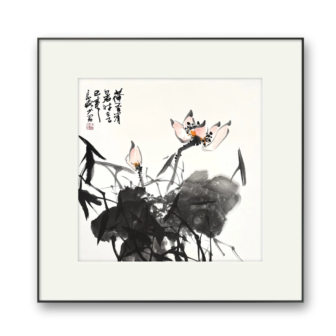 马少君老师水墨荷花画芯尺寸50cmX50cm外框尺寸64cmX105cm
