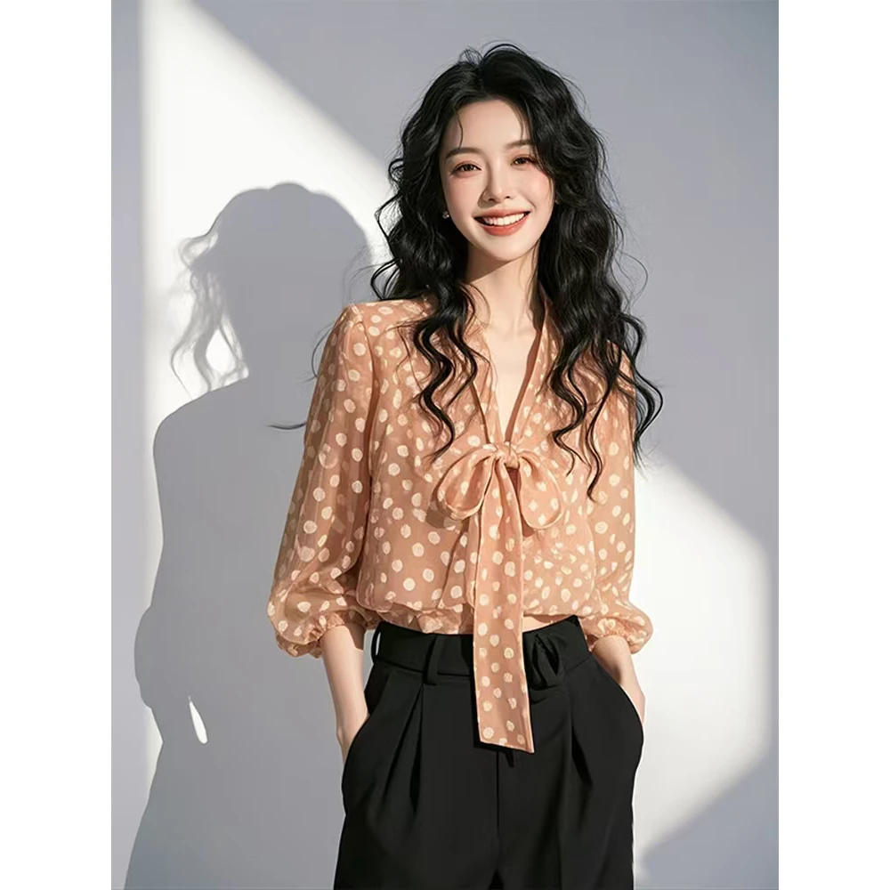 2025爆款小衫法式重要场合气质橘色波点蝴蝶结系带衬衫女春季