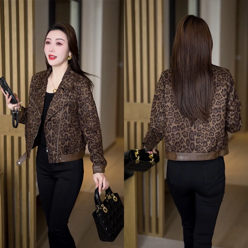 2025春秋新款外套复古小个子豹纹上衣休闲百搭显瘦长袖短外套女