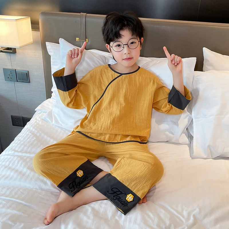 男童睡衣春秋薄款儿童棉长袖家居服10岁至15岁男孩夏季空调服套装