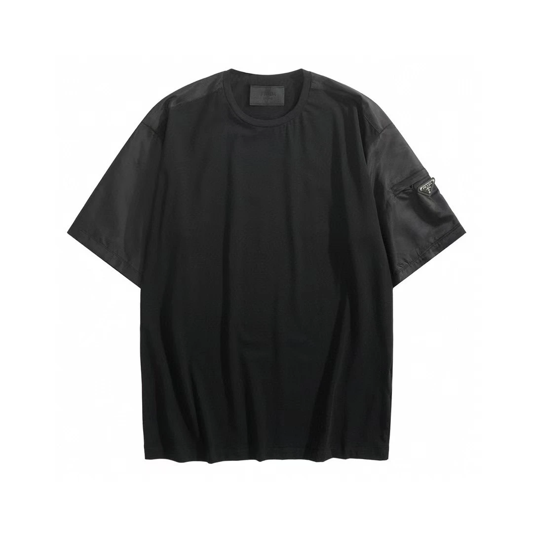 PRADA普拉达袖口拼接短袖T恤男女同款黑色UJN710-240-F0002-S-211