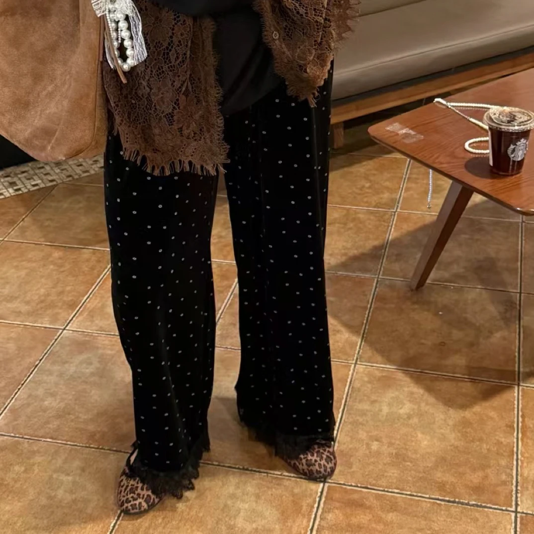 CICI【韩范波点】复古蕾丝边绒阔腿裤女宽松休闲高腰显瘦长裤