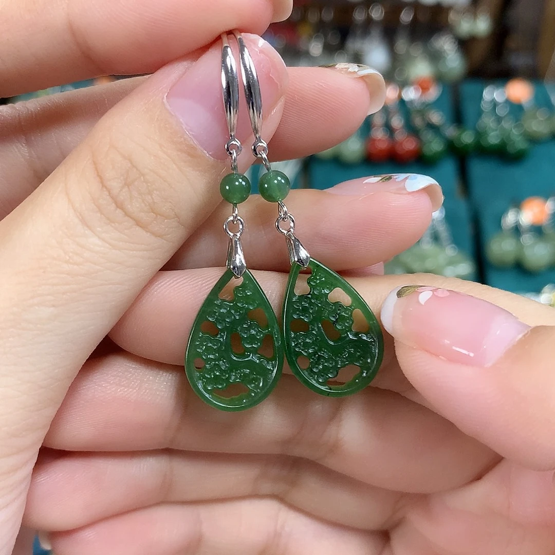 和田玉（碧玉）银S925镶嵌耳饰水滴卡19左右