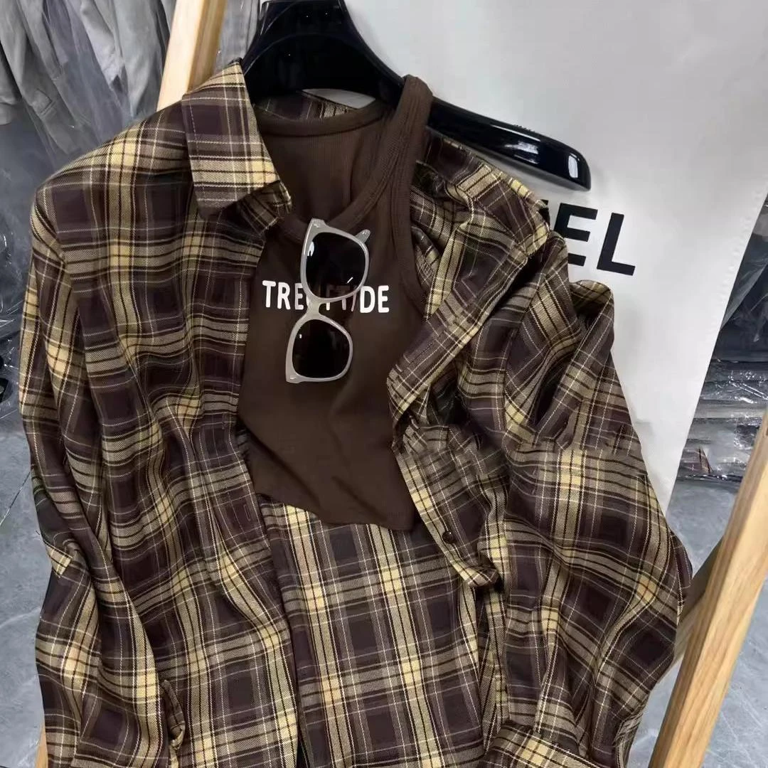 韩国东大门25秋季韩版复古宽松格纹长袖衬衣自带胸垫背心两件套女