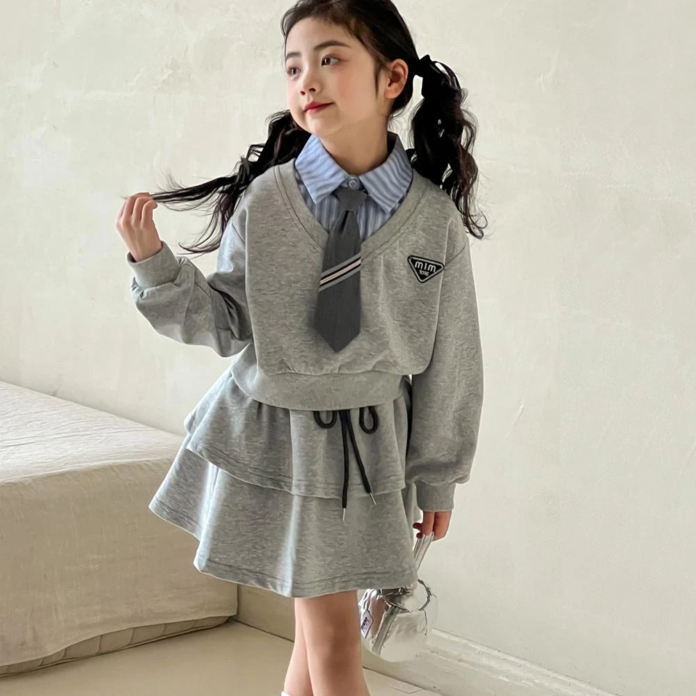 女童学院风套装春秋2025儿童带领带休闲卫衣半身裙格雷系两件套潮