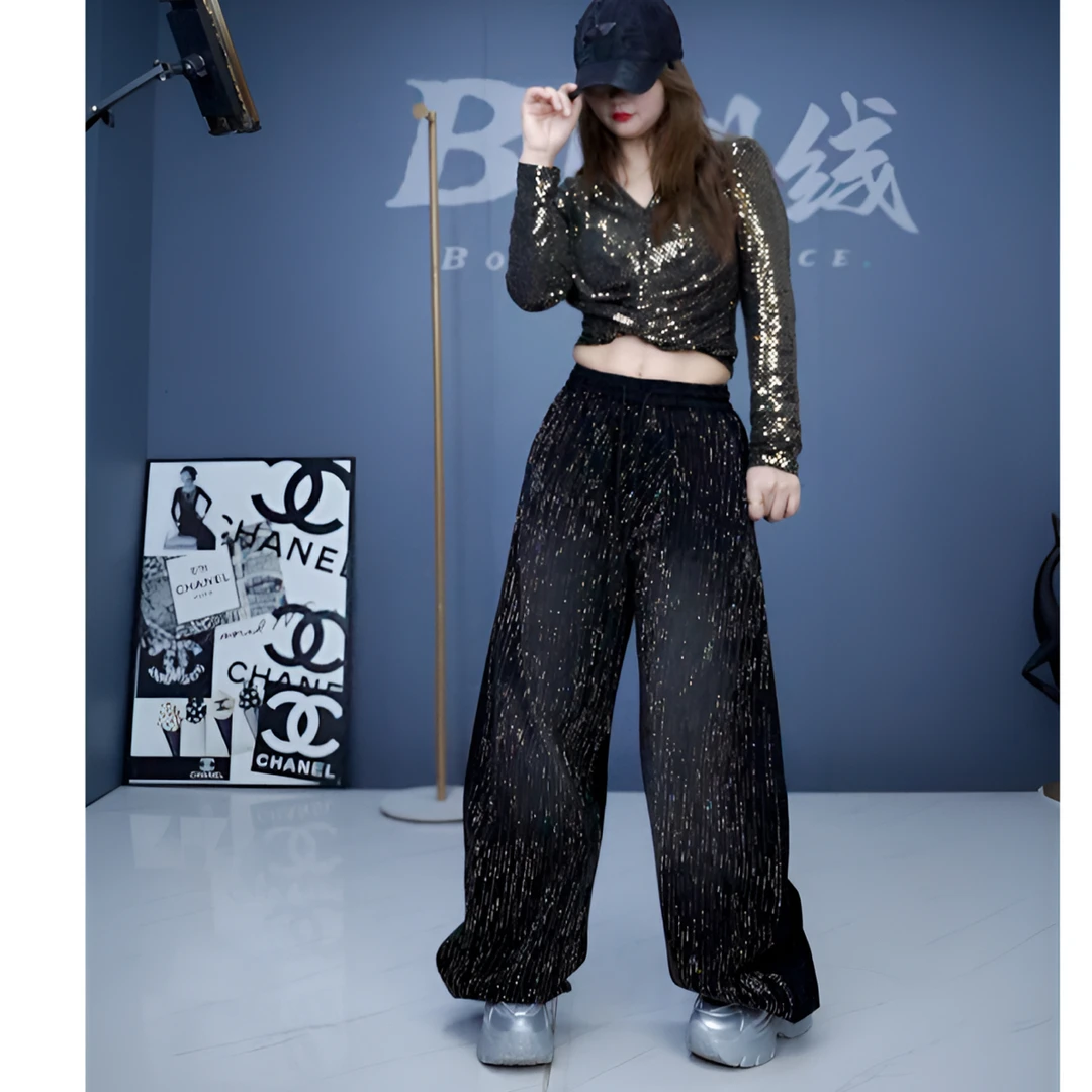 新丽-满钻渐变休闲风高腰中腰黑色烫钻阔腿牛仔裤2560