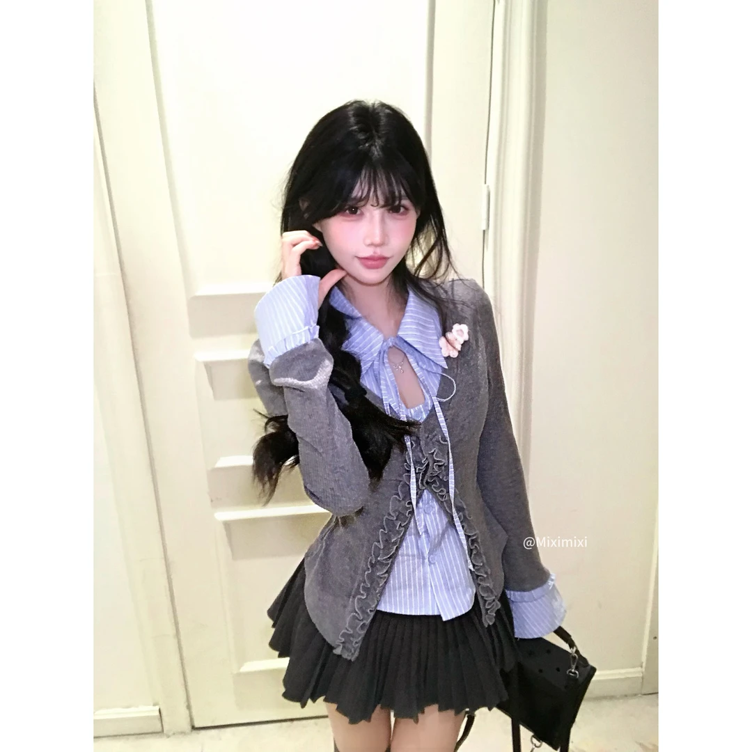 瑞茜·威瑟斯岛屿暮色 春秋学院风复古拼接设计感长袖开衫R6985H