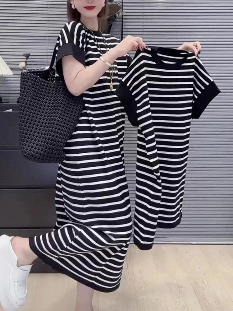 中长款T恤裙条纹通勤风短袖遮肚圆领洋气长款夏季新款连衣裙
