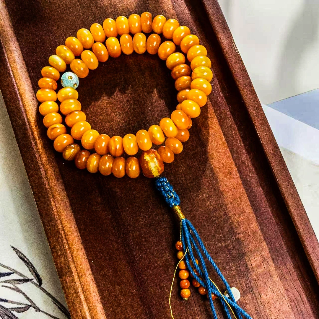 【壹芳珠宝】天然原矿琥珀蜜蜡微微瑕国风算盘珠手持双圈8mm/020