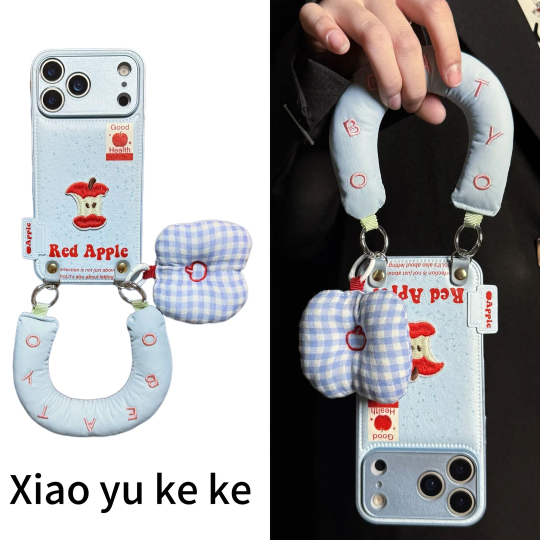 趣味蓝底泼墨苹果核刺绣适用苹果17promax手机壳iPhone16pro腕带