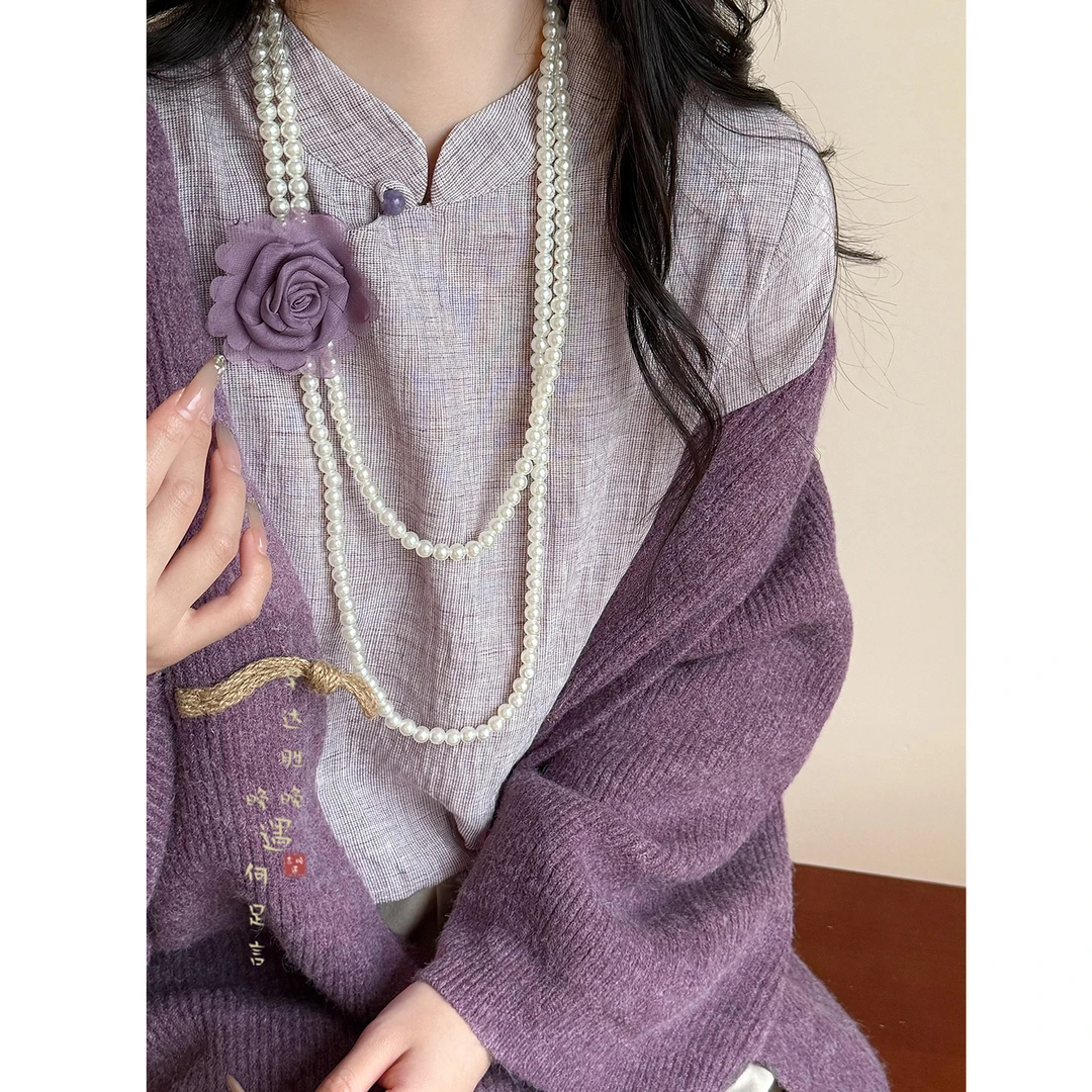 非金属仿珍珠项链 紫色玫瑰项链女高级感轻奢秋冬叠戴毛衣链配饰