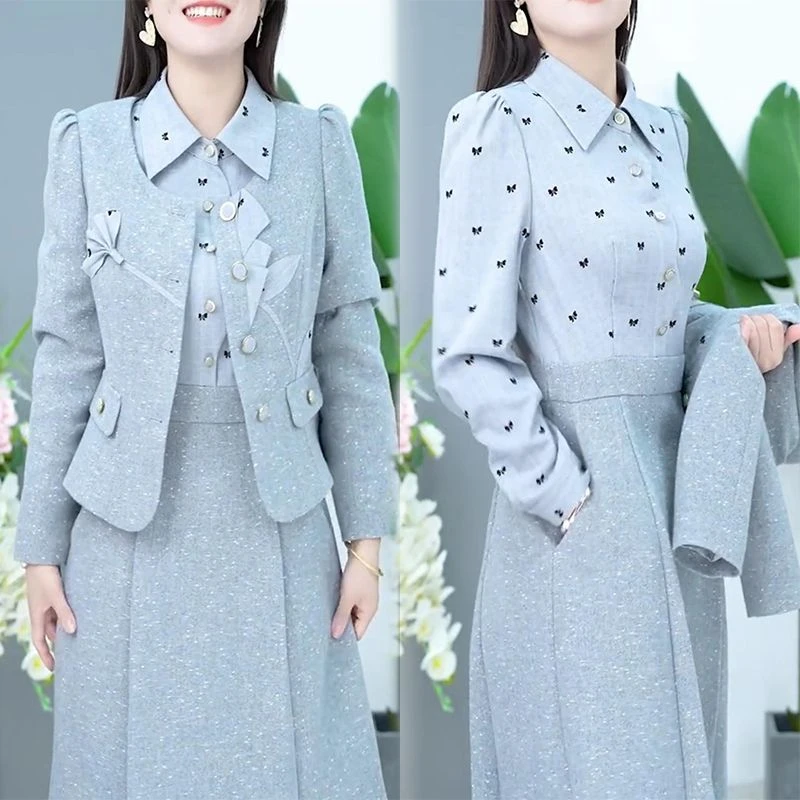 2025秋季新款时尚韩版气质显瘦小香风外套长袖连衣裙两件套装女
