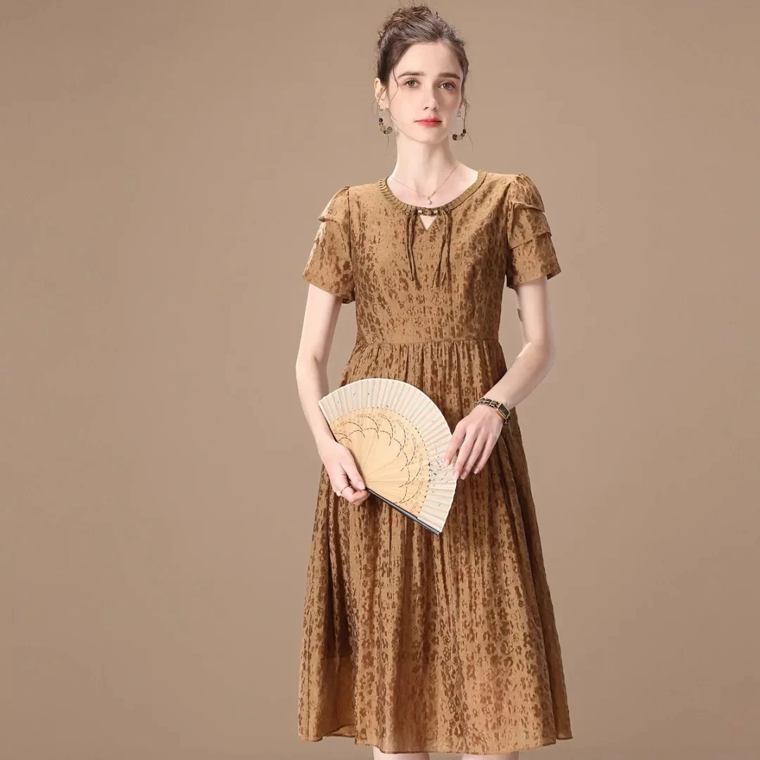 夏季纯色气质暗纹提花国风盘扣短袖A字连衣裙X063