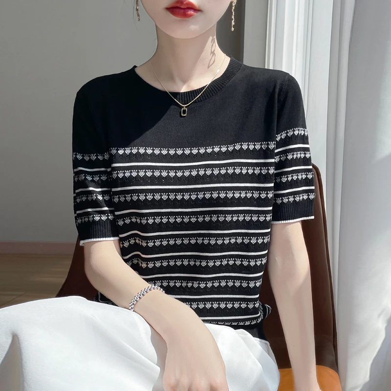 女衫上衣洛丽塔风529毛针织衫条纹圆领针织衫套头短袖春夏薄款