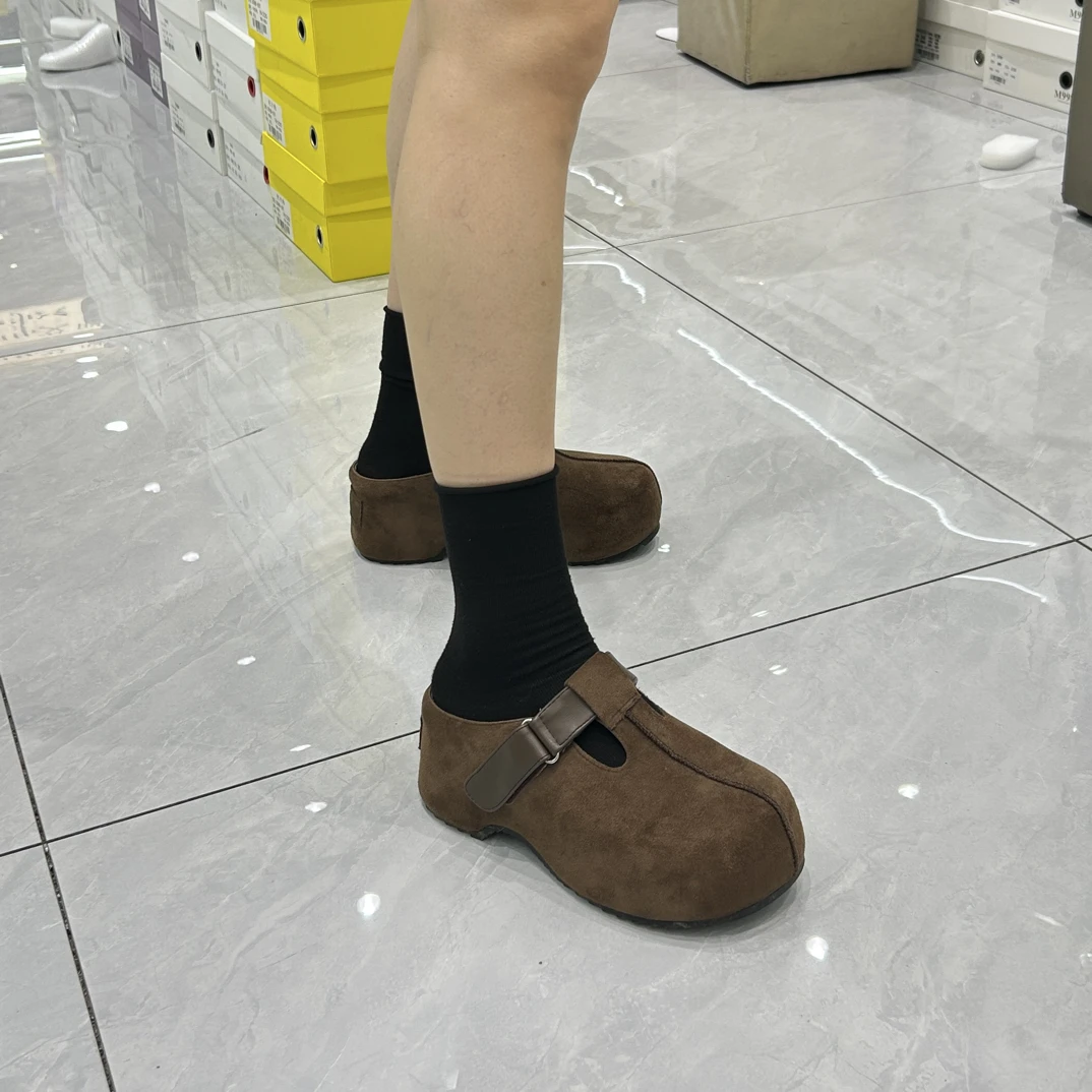 2025秋冬新品勃肯鞋厚底松糕休闲时尚百搭包头纯色魔术贴防滑拖鞋