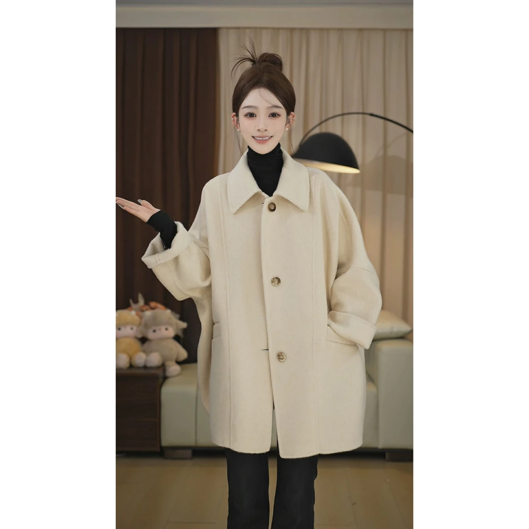 25年新款精致慵懒风小翻领双面呢羊毛大衣