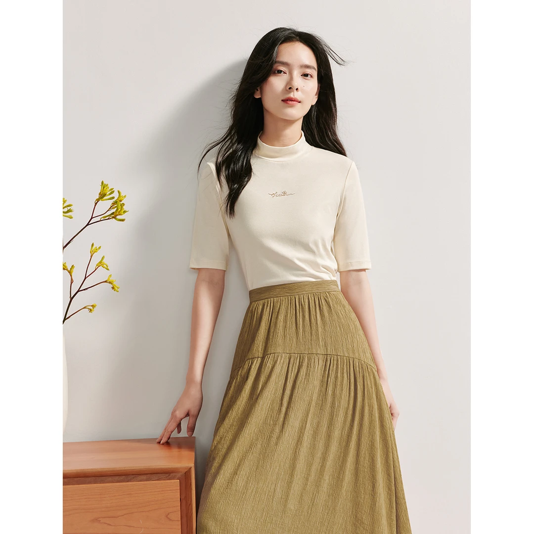 【商场同款】茵曼春秋女T恤打底上衣短袖新款显瘦休闲高领纯色时尚